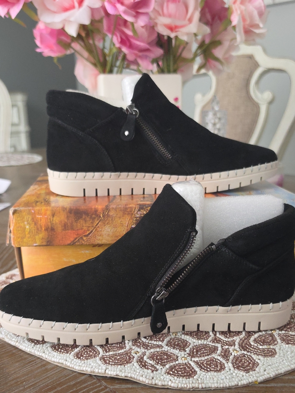 Bella Vita Black Suede Side-Zip Ankle Booties with Cream Sole